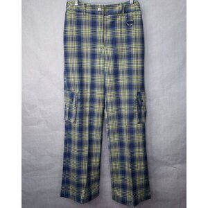 Forever 21 Kick Pants Women Medium Yellow Blue Tartan Plaid Wide-Leg Cargo Punk